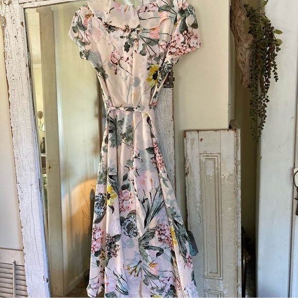 DN Designs Floral Ruffles High Low Short Sleeves Dress Tulips Hydrangeas - Picture 3 of 13